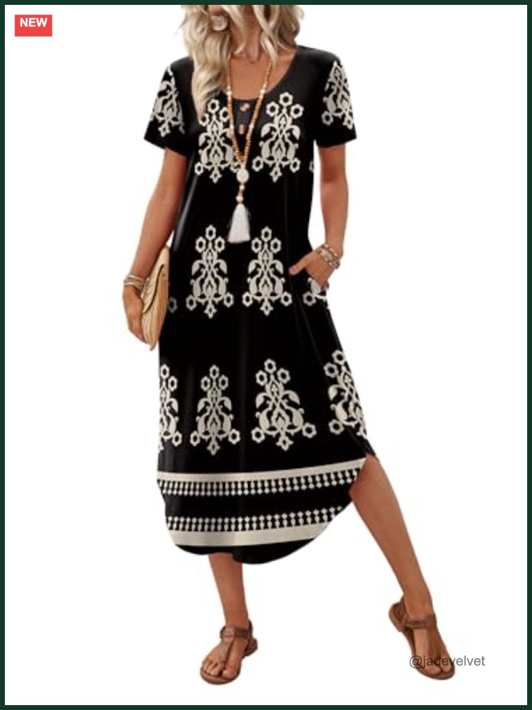 Casual Midi Dress With Pockets Summer Beach Vacation Resort Wear